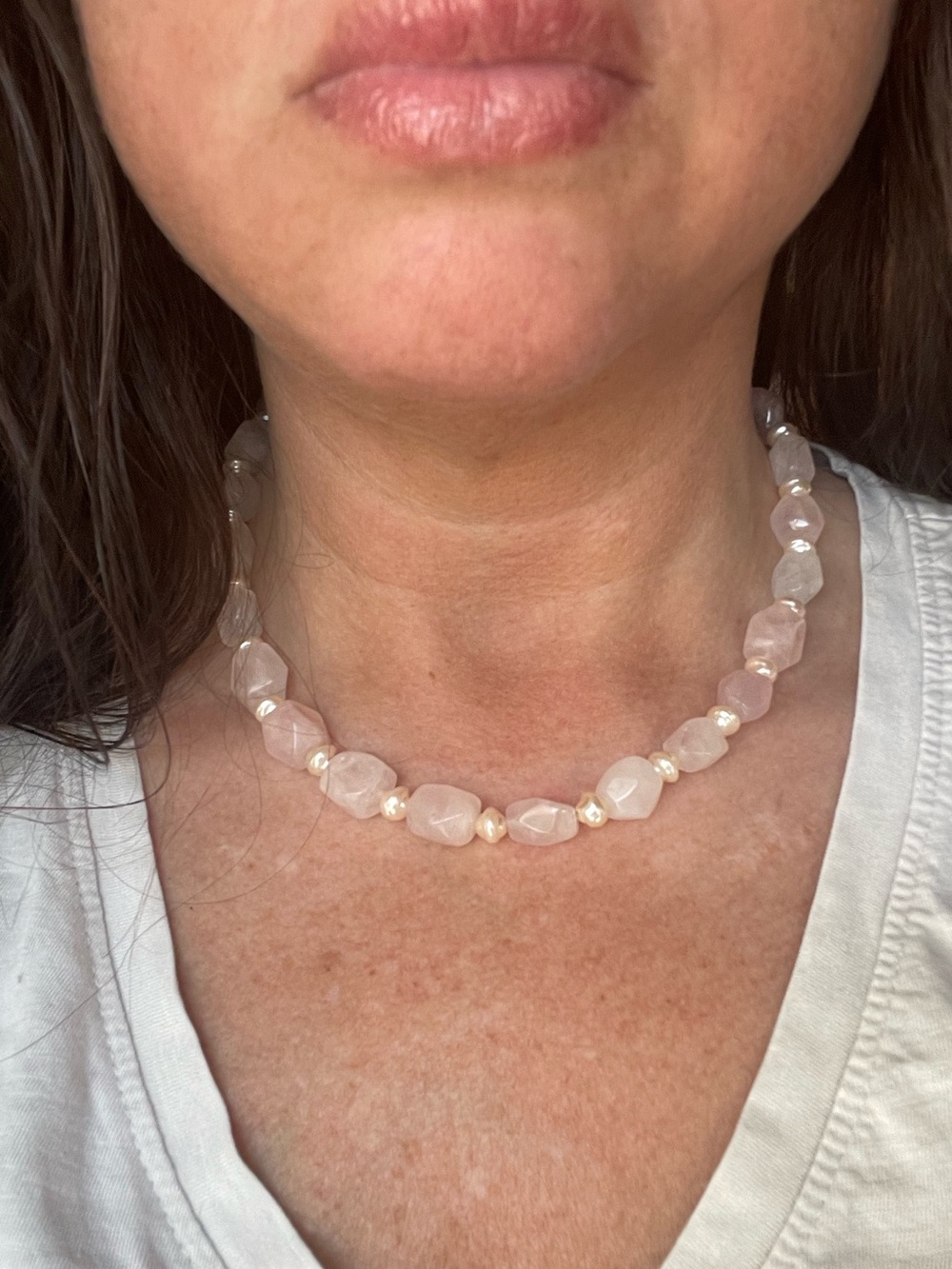 Vintage George Rose Quartz & Faux Pearl Bead Choker Necklace